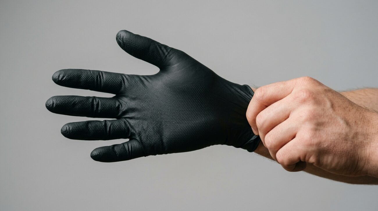Black nitrile disposable glove being worn showing textured fingertip grip