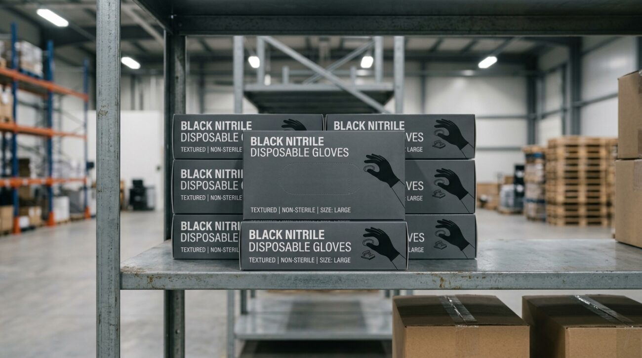 Bulk case boxes of black nitrile disposable gloves stacked on a warehouse shelf