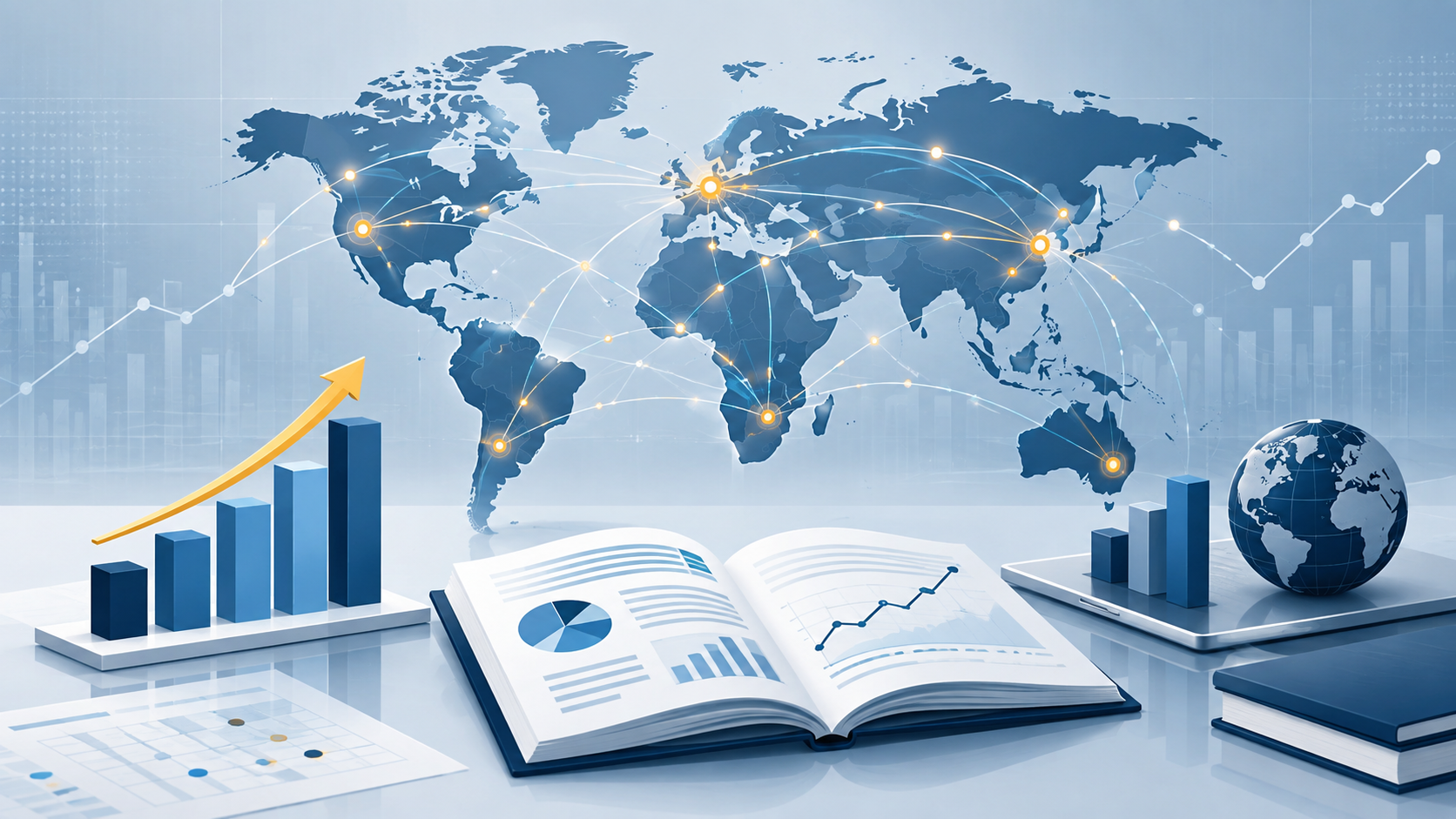 Global economic research network illustration showing connected data points representing national accounts and statistics collaboration