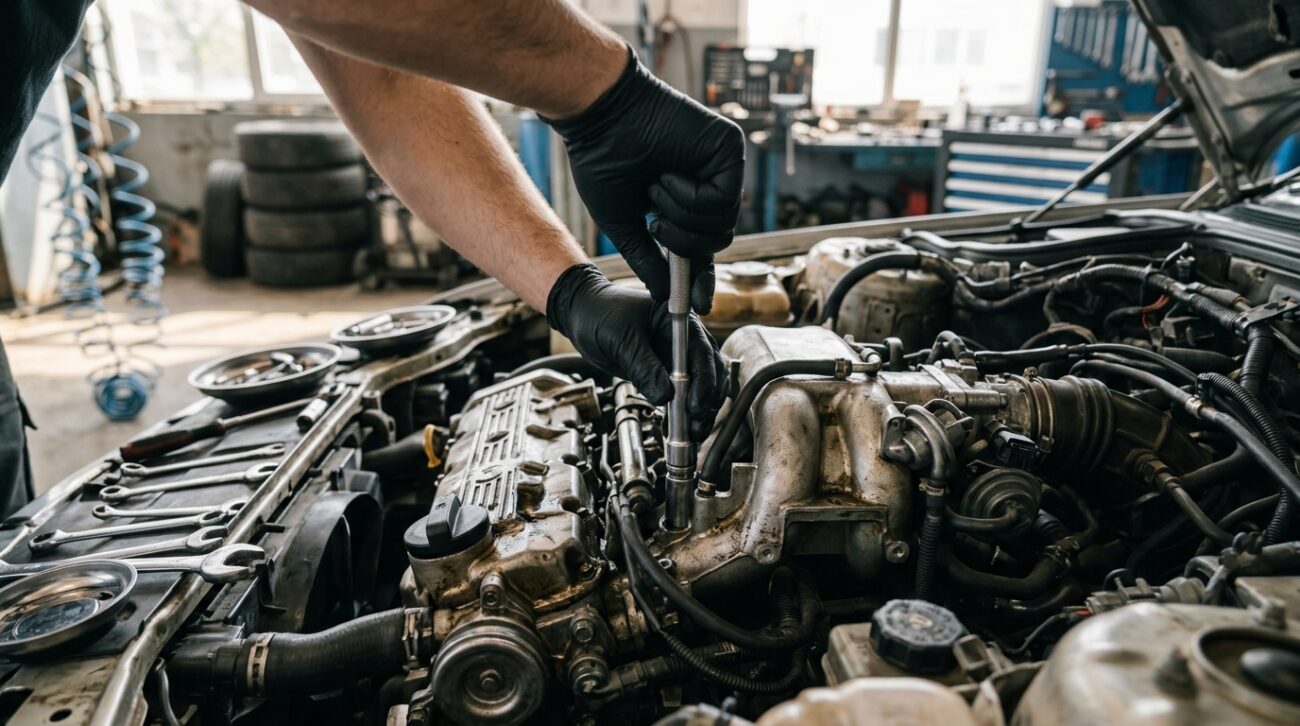Mechanic wearing black nitrile gloves while working on automotive engine parts