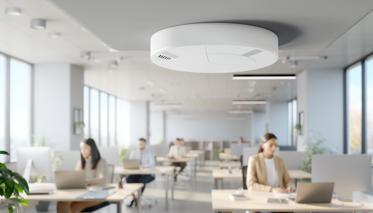 Ceiling-mounted UniFi access point providing office WiFi coverage