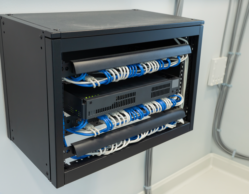 UniFi PoE network switch installed in a small network rack