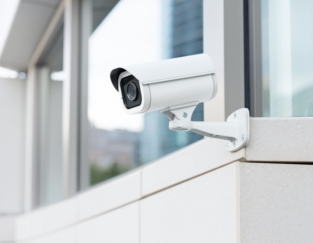 UniFi Protect security camera mounted on a building exterior